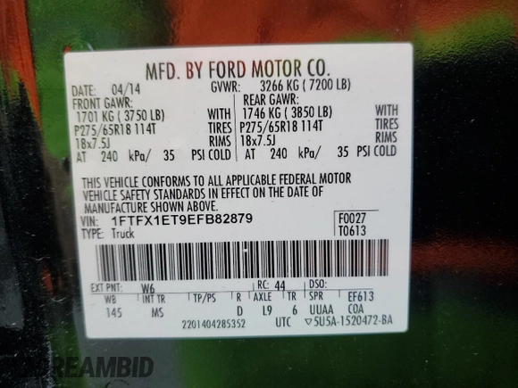 2014 Ford F-150 XL with VIN 1FTFX1ET9EFB82879, listed as a Copart auction lot 49855315 with 142,217 mi miles and Salvage title. Bid and sale history available at DreamBid. Image 12.