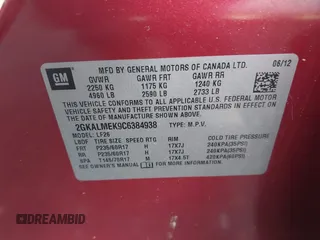 2012 GMC Terrain SLE-1 with VIN 2GKALMEK9C6384938, listed as a IAAI auction lot 42551751 with Not provided miles and . Bid and sale history available at DreamBid. Image 9.