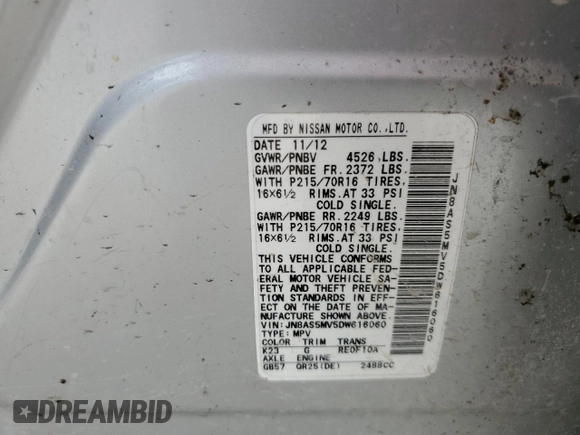 2013 Nissan Rogue S with VIN JN8AS5MV5DW616060, listed as a Copart auction lot 51220275 with 128,419 mi miles and Salvage Title. Bid and sale history available at DreamBid. Image 14.