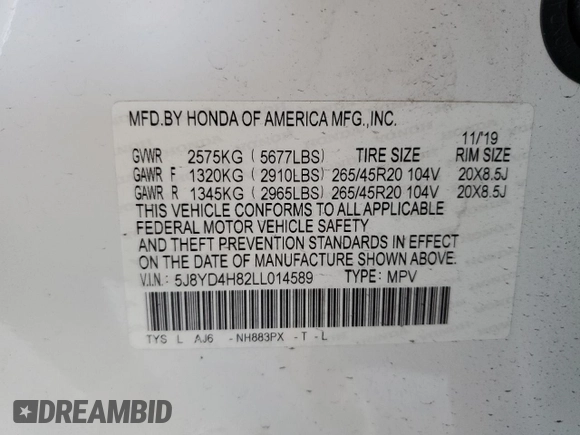 2020 Acura MDX w/Advance Pkg with VIN 5J8YD4H82LL014589, listed as a Copart auction lot 50556345 with 0 mi miles and Salvage Title. Bid and sale history available at carsss.com. Image 13.