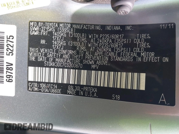 2012 Toyota Sienna LE AAS с VIN 5TDKK3DC7CS200870, выставлен на аукционе IAAI как лот 42394249 с пробегом 163 020 миль миль и . История ставок и продаж доступна на DreamBid. Изображение 9.