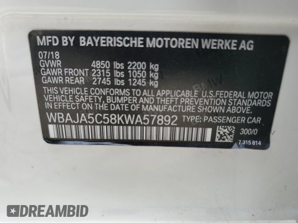 2019 BMW 5 Series 530i with VIN WBAJA5C58KWA57892, listed as a Copart auction lot 48754435 with 74,991 mi miles and Salvage Title. Bid and sale history available at DreamBid. Image 14.