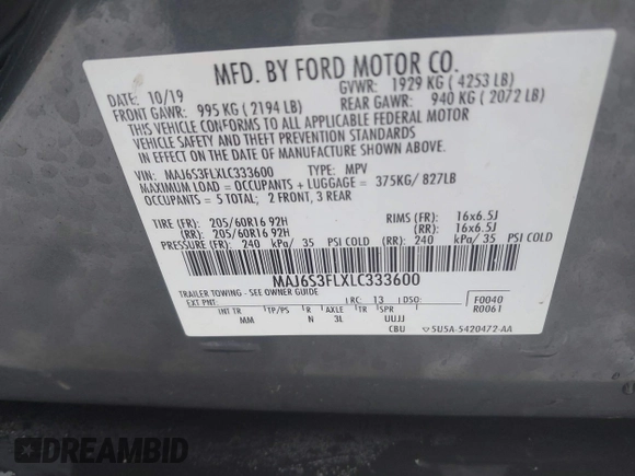 2020 Ford EcoSport S with VIN MAJ6S3FLXLC333600, listed as a IAAI auction lot 41546361 with 47,834 mi miles and . Bid and sale history available at DreamBid. Image 9.