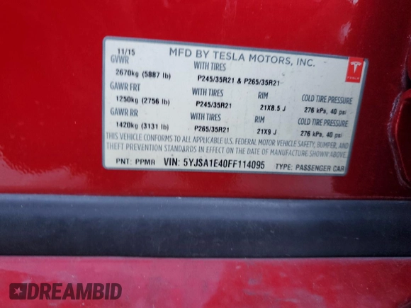 2015 Tesla Model S 85D with VIN 5YJSA1E40FF114095, listed as a Copart auction lot 84114284 with 114,882 mi miles and Salvage Title. Bid and sale history available at carsss.com. Image 14.