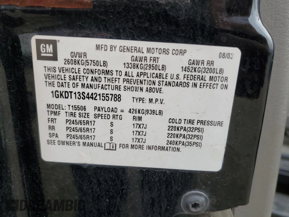 2004 GMC Envoy SLE with VIN 1GKDT13S442155788, listed as a Copart auction lot 50270135 with 164,271 mi miles and Salvage Title. Bid and sale history available at carsss.com. Image 13.