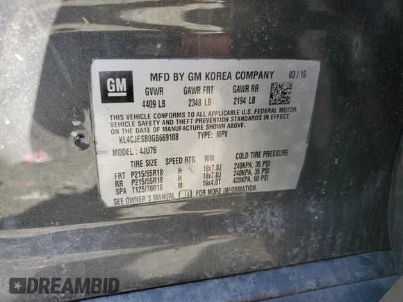 2016 Buick Encore with VIN KL4CJESB0GB669108, listed as a Copart auction lot 45738775 with 104,762 mi miles and Salvage Title. Bid and sale history available at DreamBid. Image 15.