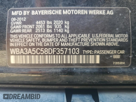 2013 BMW 3 Series 328i with VIN WBA3A5C58DF357103, listed as a Copart auction lot 64050415 with 213,350 mi miles and Salvage title. Bid and sale history available at DreamBid. Image 13.