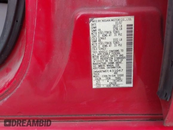 2007 Nissan Frontier Nismo с VIN 1N6AD07W87C431047, выставлен на аукционе IAAI как лот 42362911 с пробегом 243 400 миль миль и . История ставок и продаж доступна на DreamBid. Изображение 9.