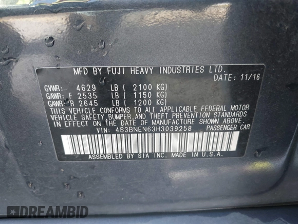 2017 Subaru Legacy Limited with VIN 4S3BNEN63H3039258, listed as a IAAI auction lot 41867840 with 99,478 mi miles. Bid and sale history available at carsss.com. Image 9.