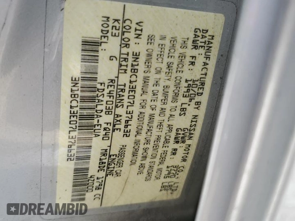 2007 Nissan Versa SL z VIN 3N1BC13E07L376632, wystawiony jako Copart lot #59384975 z przebiegiem Nie podano mil oraz Nie do naprawy • Non repairable. Historia ofert i sprzedaży dostępna na DreamBid. Obrazek 14.