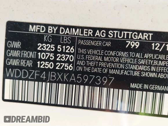 2019 Mercedes-Benz E-Class E 300 with VIN WDDZF4JBXKA597397, listed as a IAAI auction lot 41724672 with 99,258 mi miles. Bid and sale history available at carsss.com. Image 9.
