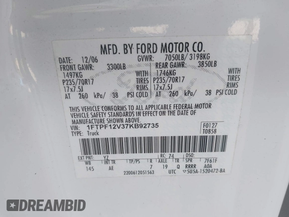 2007 Ford F-150 XL with VIN 1FTPF12V37KB92735, listed as a IAAI auction lot 42127038 with 162,219 mi miles and . Bid and sale history available at carsss.com. Image 9.