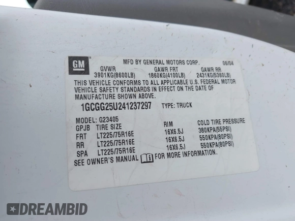2004 Chevrolet Express Cargo Van with VIN 1GCGG25U241237297, listed as a IAAI auction lot 41664015 with 1 mi miles. Bid and sale history available at carsss.com. Image 9.