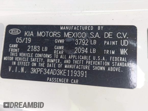 2019 Kia Forte S z VIN 3KPF34AD3KE119391, wystawiony jako IAAI lot #41990111 z przebiegiem 21 904 mil mil oraz . Historia ofert i sprzedaży dostępna na DreamBid. Obrazek 9.