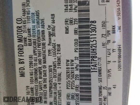2020 Ford Mustang EcoBoost with VIN 1FATP8UH2L5113078, listed as a Copart auction lot 59794555 with 109,939 mi miles and Clean title. Bid and sale history available at DreamBid. Image 13.