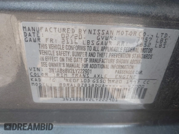 2020 Nissan Sentra S with VIN 3N1AB8BV2LY222901, listed as a IAAI auction lot 42122487 with 64,551 mi miles. Bid and sale history available at carsss.com. Image 9.