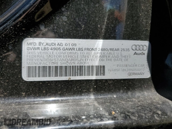 2009 Audi A4 Premium Plus with VIN WAUSF78K39N054072, listed as a Copart auction lot 56224195 with 137,954 mi miles and Clean title. Bid and sale history available at DreamBid. Image 12.