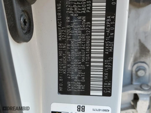 2022 Toyota Avalon Hybrid Limited with VIN 4T1DA1AB0NU012729, listed as a Copart auction lot 71247704 with 0 mi miles and Non Repairable. Bid and sale history available at carsss.com. Image 12.