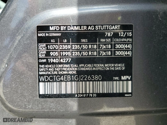 2016 Mercedes-Benz GLA with VIN WDCTG4EB1GJ226380, listed as a Copart auction lot 53039675 with 175,576 mi miles and Clean Title. Bid and sale history available at carsss.com. Image 13.