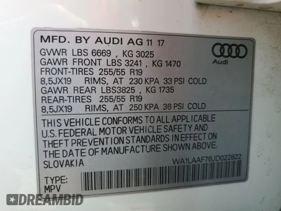 2018 Audi Q7 Premium Plus z VIN WA1LAAF76JD022822, wystawiony jako Copart lot #52515905 z przebiegiem 84 277 mil mil oraz Szkoda całkowita • Salvage title. Historia ofert i sprzedaży dostępna na DreamBid. Obrazek 13.