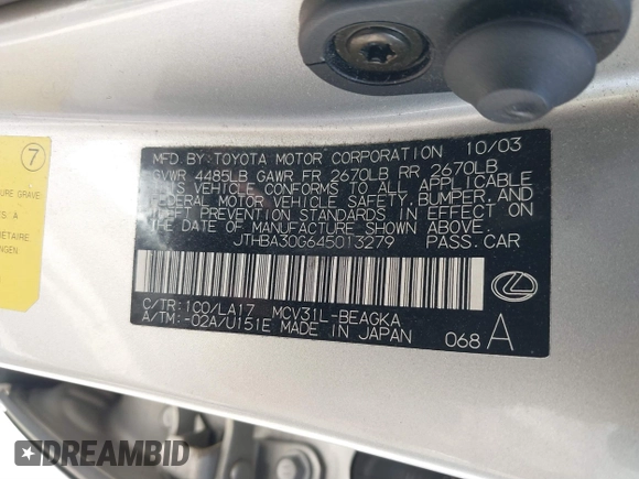 2004 Lexus ES 350 with VIN JTHBA30G645013279, listed as a IAAI auction lot 39849383 with 217,632 mi miles and . Bid and sale history available at DreamBid. Image 9.