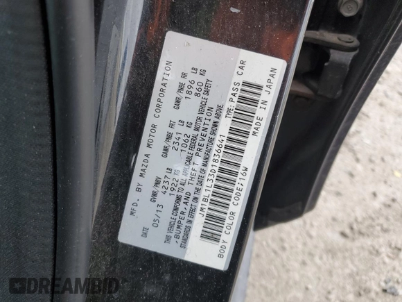 2013 Mazda 3 Mazdaspeed3 Touring with VIN JM1BL1L33D1836641, listed as a Copart auction lot 43029005 with Not provided miles and Salvage title. Bid and sale history available at DreamBid. Image 12.
