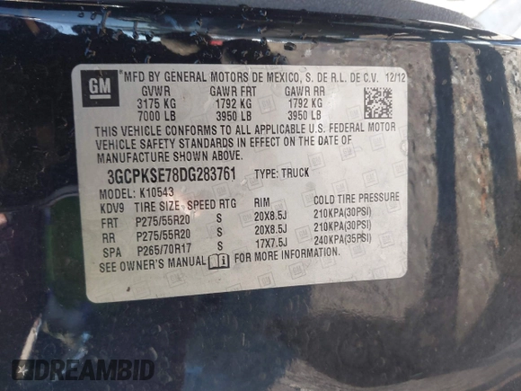 2013 Chevrolet Silverado 1500 LT with VIN 3GCPKSE78DG283761, listed as a IAAI auction lot 41896999 with 224,151 mi miles and . Bid and sale history available at DreamBid. Image 9.