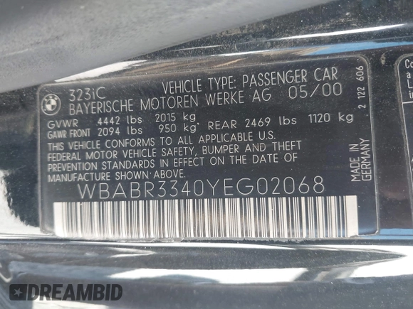 2000 BMW 3 Series with VIN WBABR3340YEG02068, listed as a IAAI auction lot 42261160 with 120,237 mi miles and . Bid and sale history available at DreamBid. Image 9.