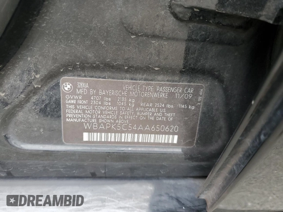 2010 BMW 3 Series 328i xDrive with VIN WBAPK5C54AA650620, listed as a Copart auction lot 65646675 with 175,341 mi miles and Clean title. Bid and sale history available at DreamBid. Image 12.