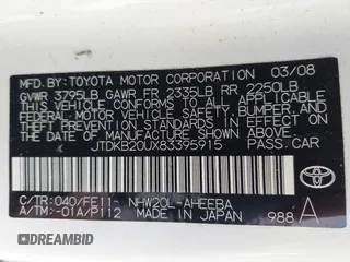 2008 Toyota Prius with VIN JTDKB20UX83395915, listed as a IAAI auction lot 42522466 with 241,441 mi miles and . Bid and sale history available at DreamBid. Image 9.