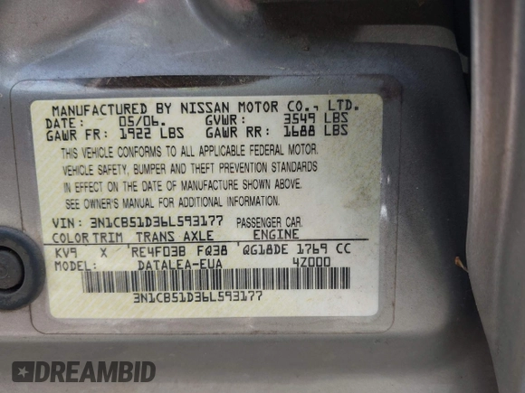 2006 Nissan Sentra S with VIN 3N1CB51D36L593177, listed as a IAAI auction lot 41962561 with 259,123 mi miles and . Bid and sale history available at DreamBid. Image 9.