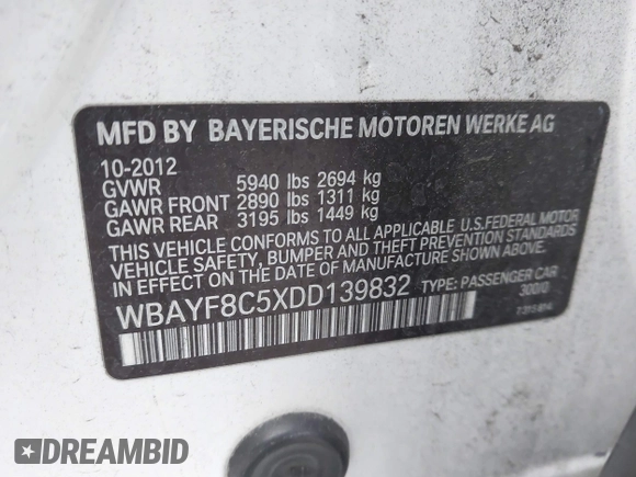 2013 BMW 7 Series 750Li xDrive with VIN WBAYF8C5XDD139832, listed as a IAAI auction lot 42110322 with 149,453 mi miles and . Bid and sale history available at DreamBid. Image 9.
