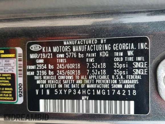 2021 Kia Telluride EX z VIN 5XYP34HC1MG174218, wystawiony jako Copart lot #59498635 z przebiegiem 82 767 mil mil oraz Szkoda całkowita • Salvage title. Historia ofert i sprzedaży dostępna na DreamBid. Obrazek 13.