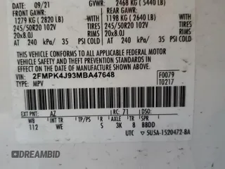 2021 Ford Edge SEL with VIN 2FMPK4J93MBA47648, listed as a Copart auction lot 49496295 with 34,672 mi miles and Salvage Title. Bid and sale history available at carsss.com. Image 12.