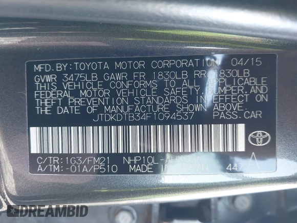 2015 Toyota Prius One with VIN JTDKDTB34F1094537, listed as a IAAI auction lot 42169482 with 126,110 mi miles and . Bid and sale history available at carsss.com. Image 9.