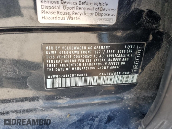 2012 Volkswagen GTI w/Sunroof & Navi PZEV with VIN WVWGD7AJXCW184013, listed as a Copart auction lot 45734775 with 107,007 mi miles and Salvage title. Bid and sale history available at DreamBid. Image 12.