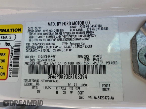 2014 Ford Fusion Titanium with VIN 3FA6P0K93ER103394, listed as a Copart auction lot 88048375 with 126,570 mi miles and Salvage Title. Bid and sale history available at DreamBid. Image 12.