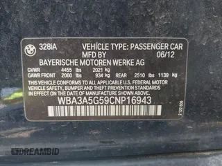 2012 BMW 3 Series 328i with VIN WBA3A5G59CNP16943, listed as a IAAI auction lot 42272421 with 195,089 mi miles and . Bid and sale history available at DreamBid. Image 9.