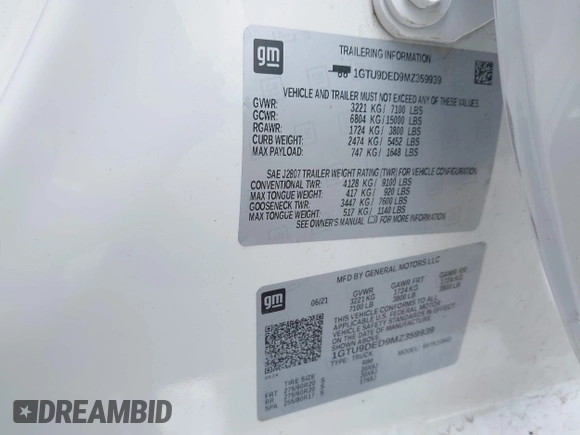 2021 GMC Sierra 1500 SLT z VIN 1GTU9DED9MZ359939, wystawiony jako IAAI lot #42245771 z przebiegiem 65 756 mil mil oraz . Historia ofert i sprzedaży dostępna na DreamBid. Obrazek 9.