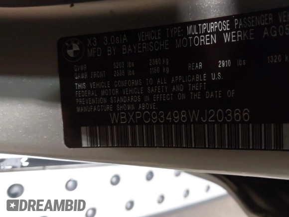 2008 BMW X3 3.0si with VIN WBXPC93498WJ20366, listed as a IAAI auction lot 42097355 with 121,393 mi miles and . Bid and sale history available at DreamBid. Image 9.