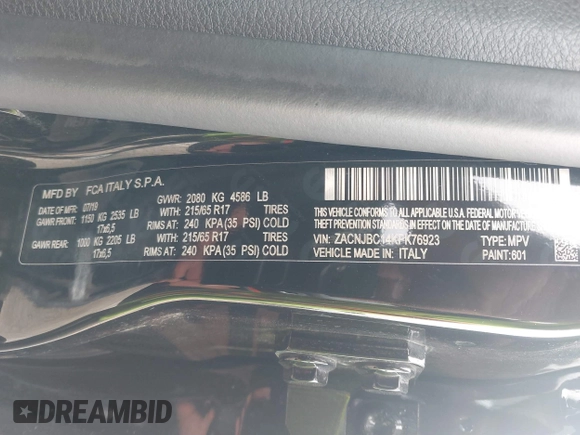 2019 Jeep Renegade Trailhawk with VIN ZACNJBC14KPK76923, listed as a IAAI auction lot 42129210 with 100,238 mi miles and . Bid and sale history available at DreamBid. Image 9.