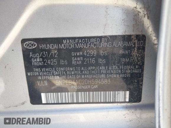 2013 Hyundai Sonata GLS z VIN 5NPEB4AC2DH594583, wystawiony jako IAAI lot #42328518 z przebiegiem 142 504 mil mil oraz . Historia ofert i sprzedaży dostępna na DreamBid. Obrazek 9.