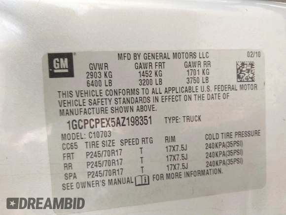 2010 Chevrolet Silverado 1500 Work Truck with VIN 1GCPCPEX5AZ198351, listed as a IAAI auction lot 41496632 with 238,627 mi miles and . Bid and sale history available at DreamBid. Image 9.