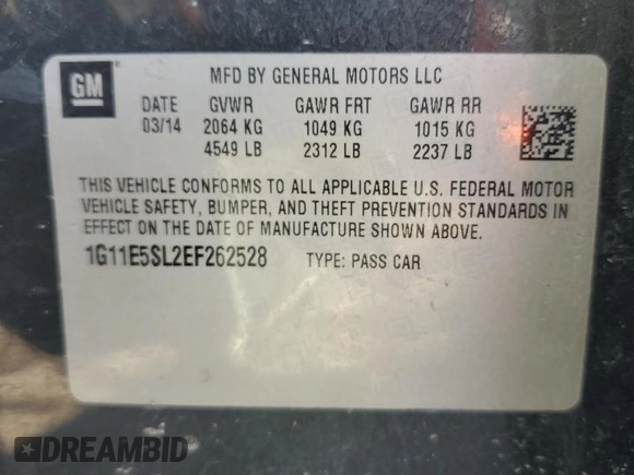 2014 Chevrolet Malibu LT with VIN 1G11E5SL2EF262528, listed as a Copart auction lot 52135245 with 182,207 mi miles and Salvage Title. Bid and sale history available at DreamBid. Image 12.