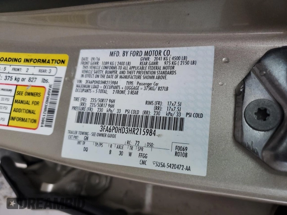 2017 Ford Fusion SE with VIN 3FA6P0HD3HR215984, listed as a Copart auction lot 44459915 with 60,954 mi miles and Salvage Title. Bid and sale history available at DreamBid. Image 12.