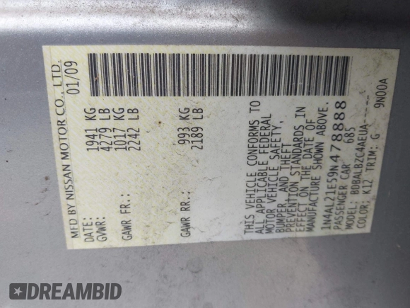 2009 Nissan Altima S z VIN 1N4AL21E59N478888, wystawiony jako IAAI lot #42250588 z przebiegiem 133 912 mil mil oraz . Historia ofert i sprzedaży dostępna na DreamBid. Obrazek 9.