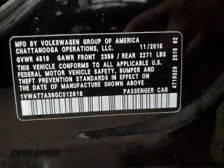 2016 Volkswagen Passat S with VIN 1VWAT7A36GC012818, listed as a Copart auction lot 51121635 with 142,933 mi miles and Salvage title. Bid and sale history available at DreamBid. Image 12.