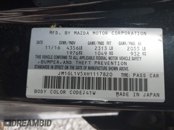 2017 Mazda Mazda6 Touring with VIN JM1GL1V5XH1117820, listed as a IAAI auction lot 41617395 with 117,081 mi miles. Bid and sale history available at carsss.com. Image 9.