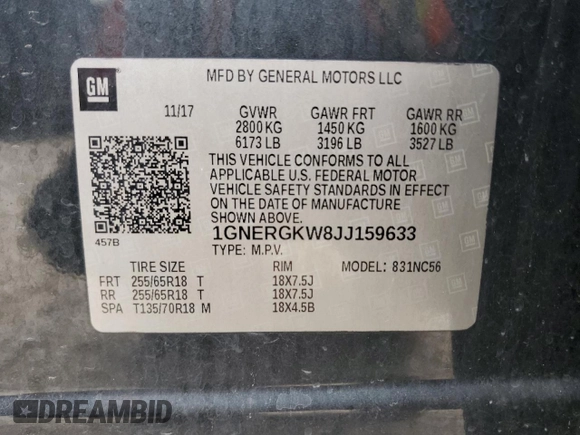 2018 Chevrolet Traverse LT Cloth with VIN 1GNERGKW8JJ159633, listed as a Copart auction lot 51517765 with 137,004 mi miles and Clean title. Bid and sale history available at DreamBid. Image 13.