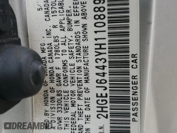 2000 Honda Civic DX z VIN 2HGEJ6443YH110889, wystawiony jako Copart lot #59706655 z przebiegiem 42 202 mil mil oraz Szkoda całkowita • Salvage title. Historia ofert i sprzedaży dostępna na DreamBid. Obrazek 12.